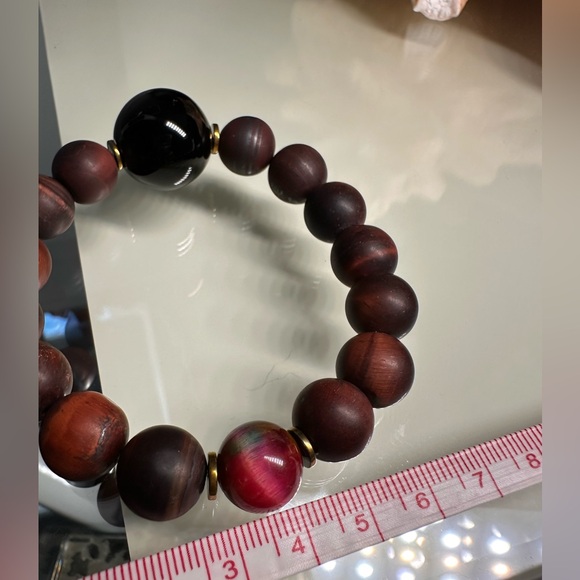 MATTE RED TIGERS EYE + ONYX NATURAL STONES BRACELET size 7” - Picture 11 of 11
